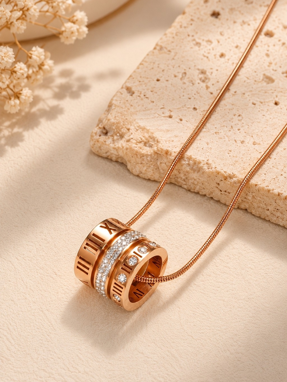 Rose Gold Layered Ring Pendant Necklace with Crystals
